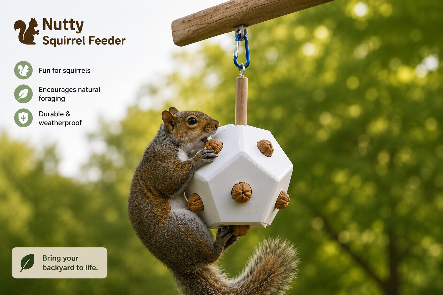Squirrel climbing on the Nutty Squirrel decahedron feeder hanging from a branch