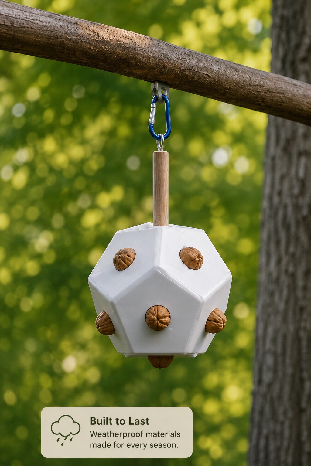 Nutty Squirrel feeder hanging from a tree branch by a blue carabiner